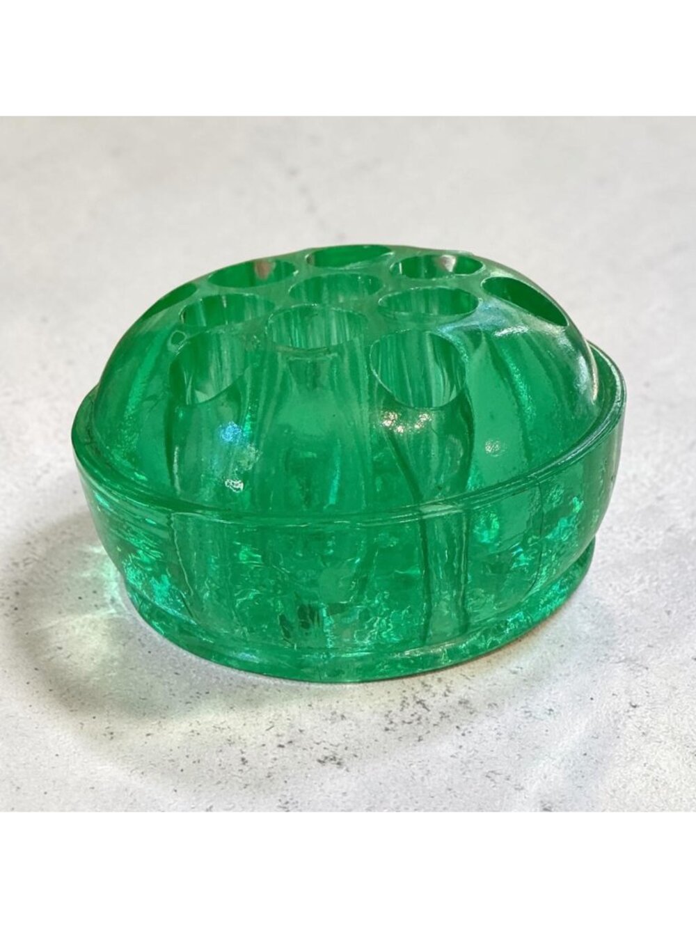 Vintage Green Glass 13-Hole Flower Frog 2x3 Inches